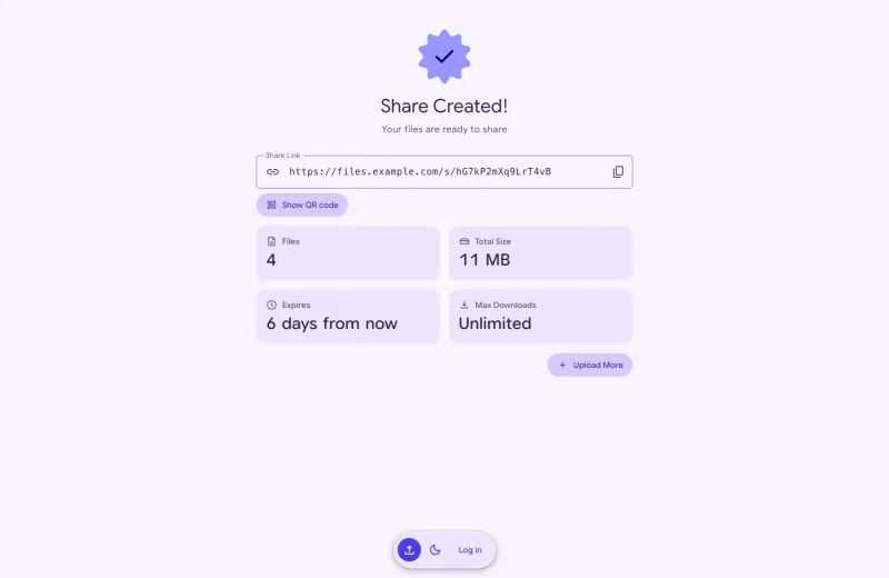 A new share with its link and QR code button