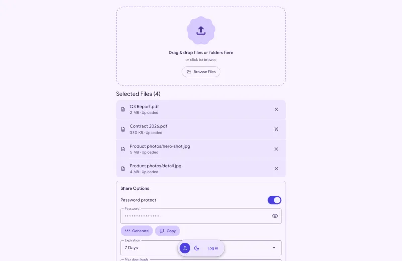 Uploading files and folders with share options