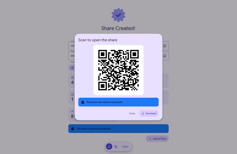 The QR code dialog for a new share, with a Download button