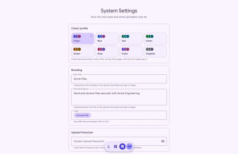 The admin settings page with the colour profile, branding and upload protection