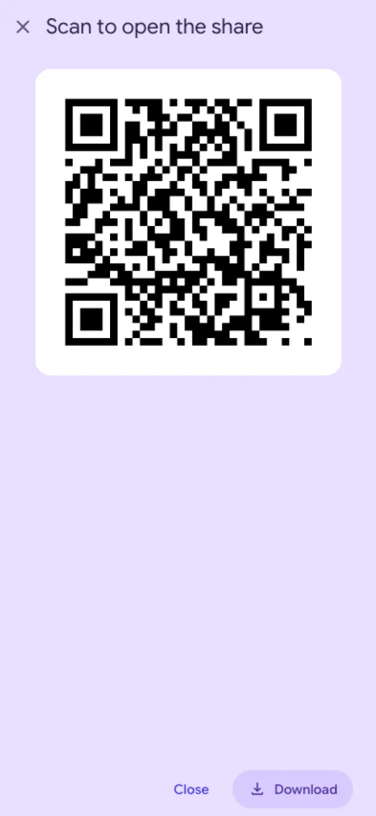 The full-screen QR code dialog on a phone