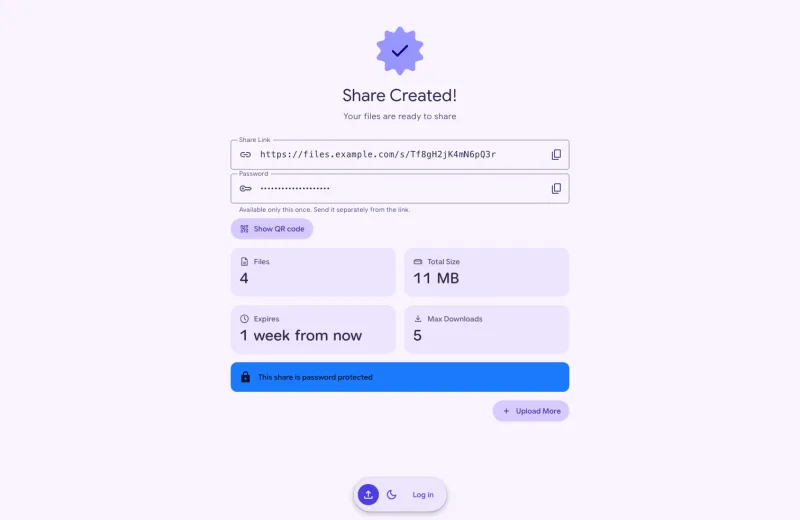 The share created page with the link, the password beside it, the share's details and the QR code button