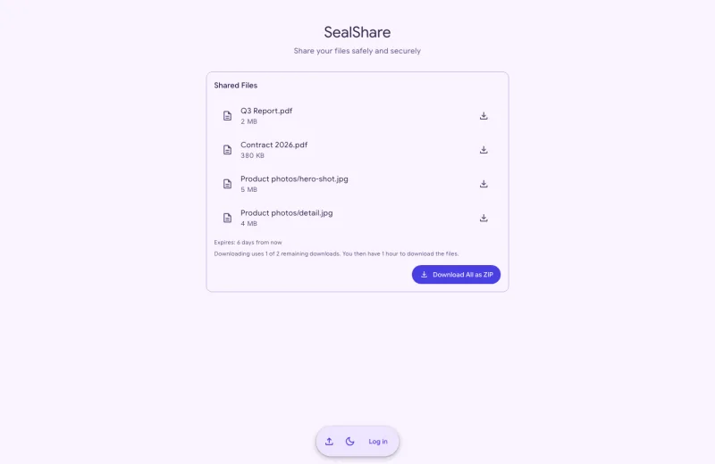 The download page a recipient sees, listing the shared files and how many downloads are left