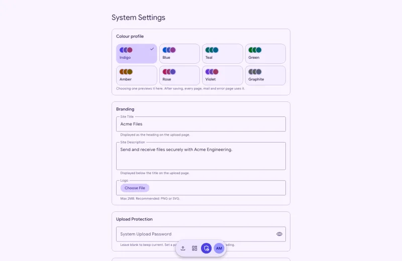 The admin settings page with branding and upload limits