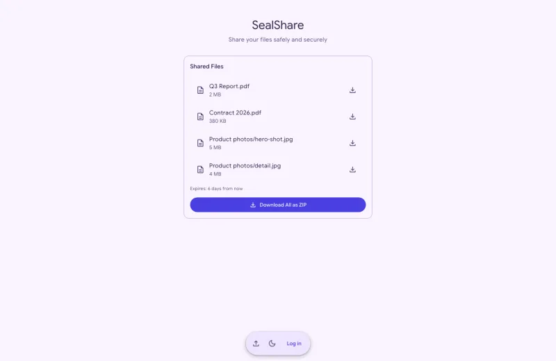 The download page a recipient sees, listing the shared files