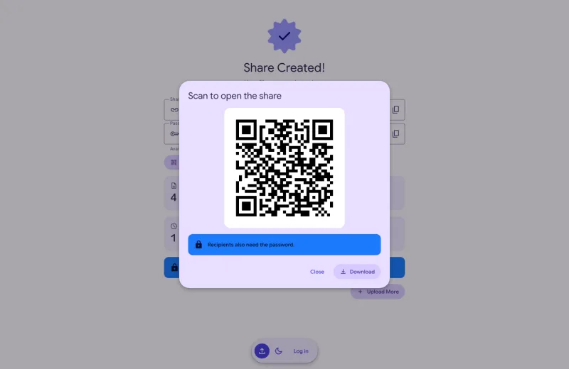 The QR code dialog for a new share, with a Download button