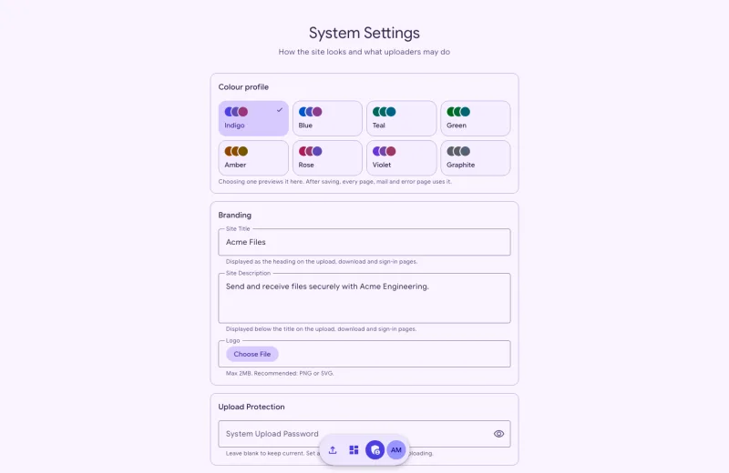 The admin settings page with the colour profile, branding and upload protection