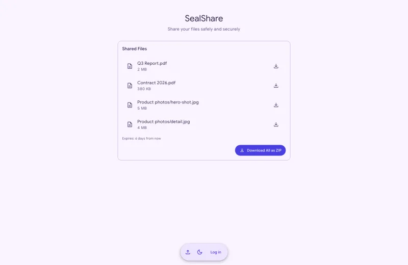 The download page a recipient sees, listing the shared files