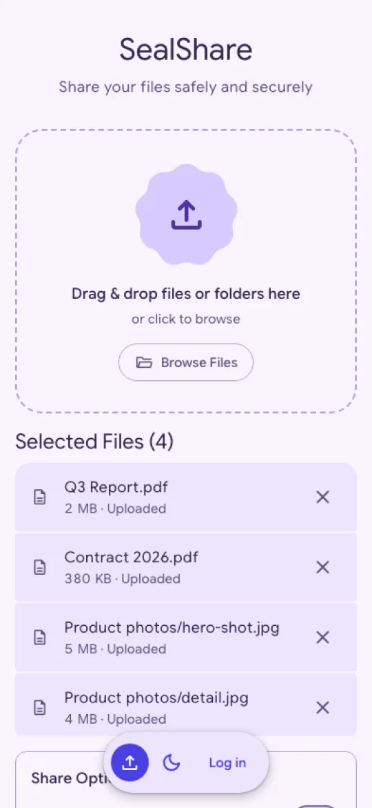 The upload page on a phone