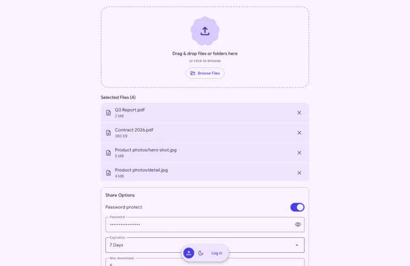 Uploading files and folders with share options