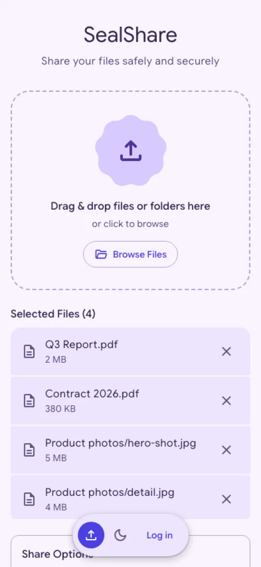 The upload page on a phone