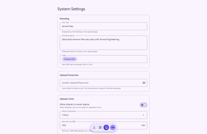 The admin settings page with branding and upload limits