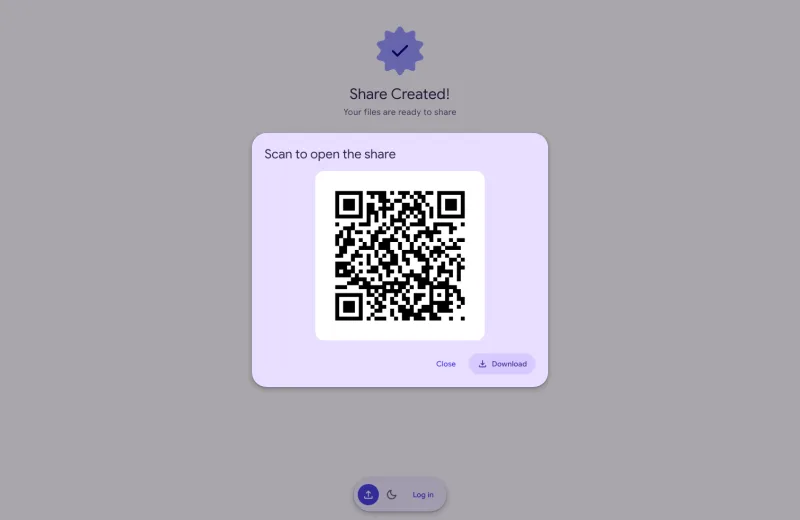 The QR code dialog for a new share, with a Download button