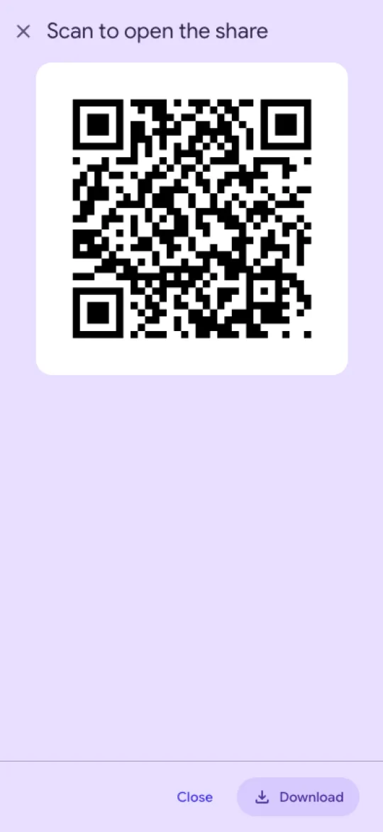 The full-screen QR code dialog on a phone
