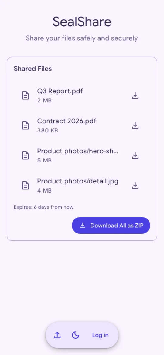 The recipient's download page on a phone