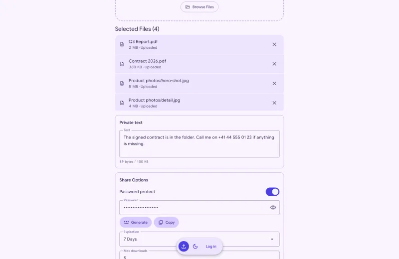SealShare's upload page with files selected and a generated password in the share options