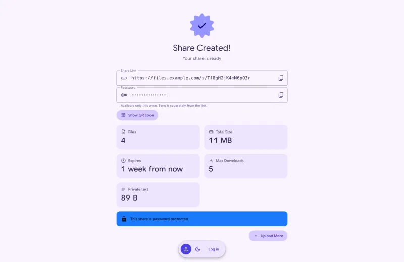 The share created page with the link, the password beside it, the share's details and the QR code button