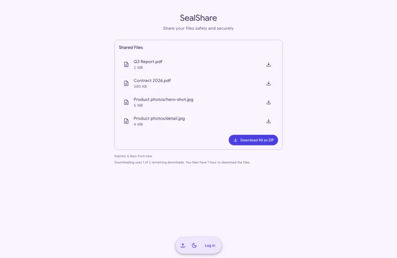 The download page a recipient sees, listing the shared files and how many downloads are left