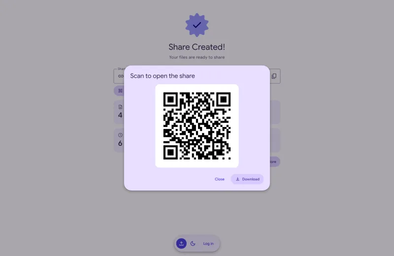 The QR code dialog for a new share, with a Download button