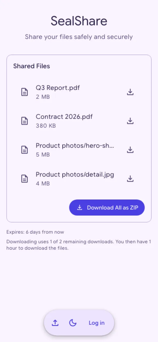 The recipient's download page on a phone